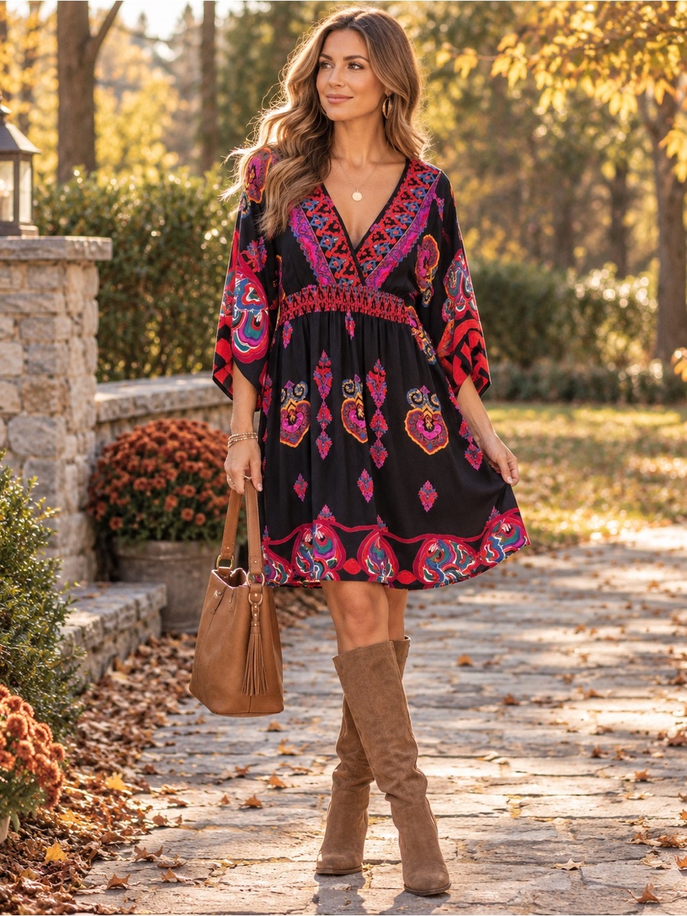 Angie Boho Paisley Empire Waist Dress 1X Black Multicolor Rayon